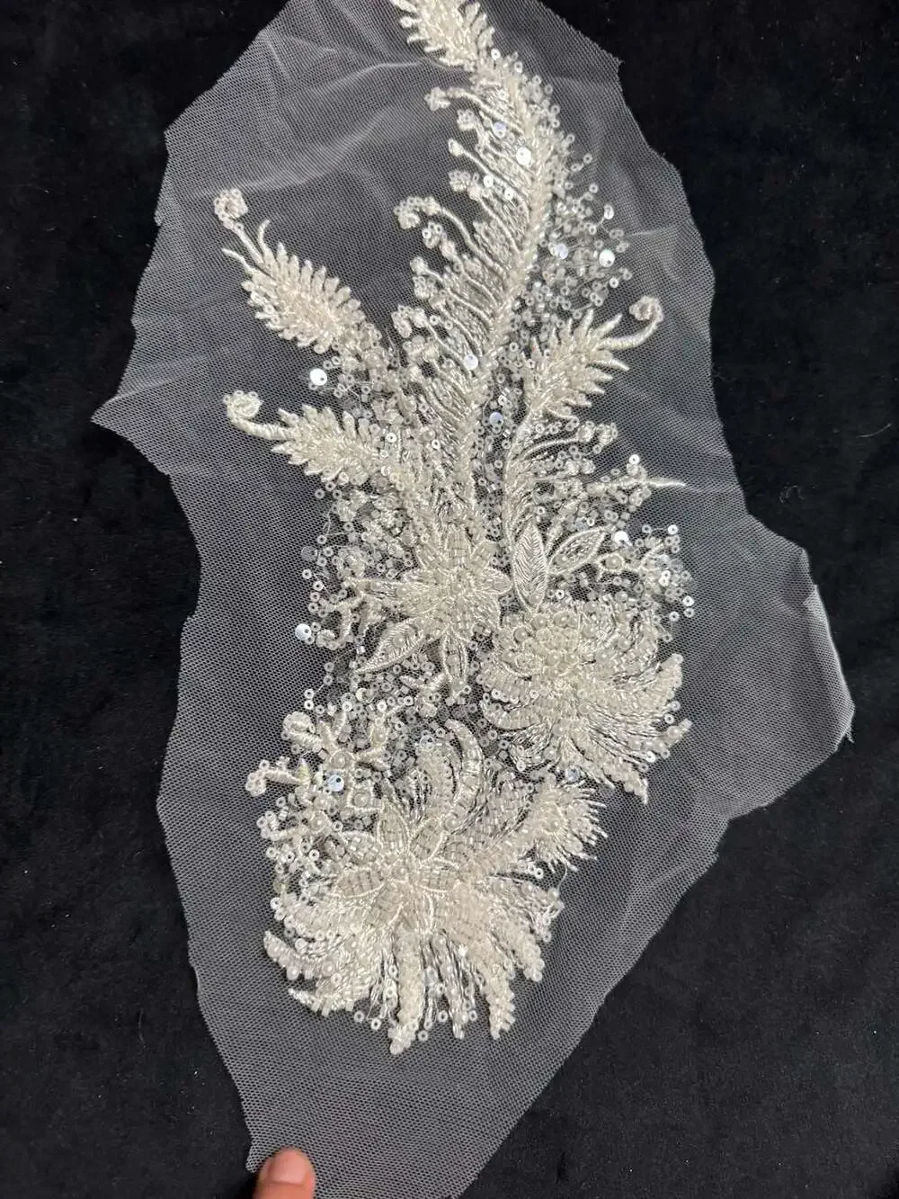 Off-White Floral Bead and Sequin Embroidered Bridal Lace Applique Patch